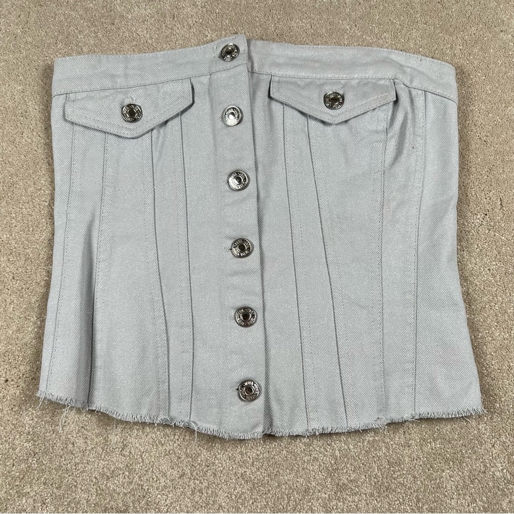 Zara Denim Corset Tube Top Strapless Button Front Light Blue Sparkle Jean XSmall